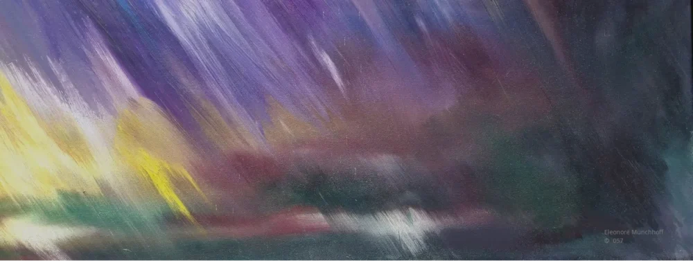 REGEN Abstrakte Malerei mit farbintensiver, dynamischer Darstellung eines sonnenbeleuchteten Wolkenbruchs